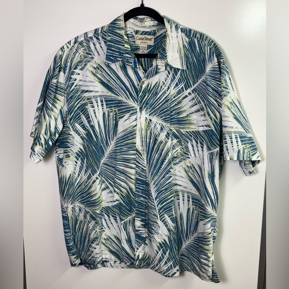 Cooke Street Honolulu 2XL Hawaiian Shirt Blue Green Palm Frond Cotton